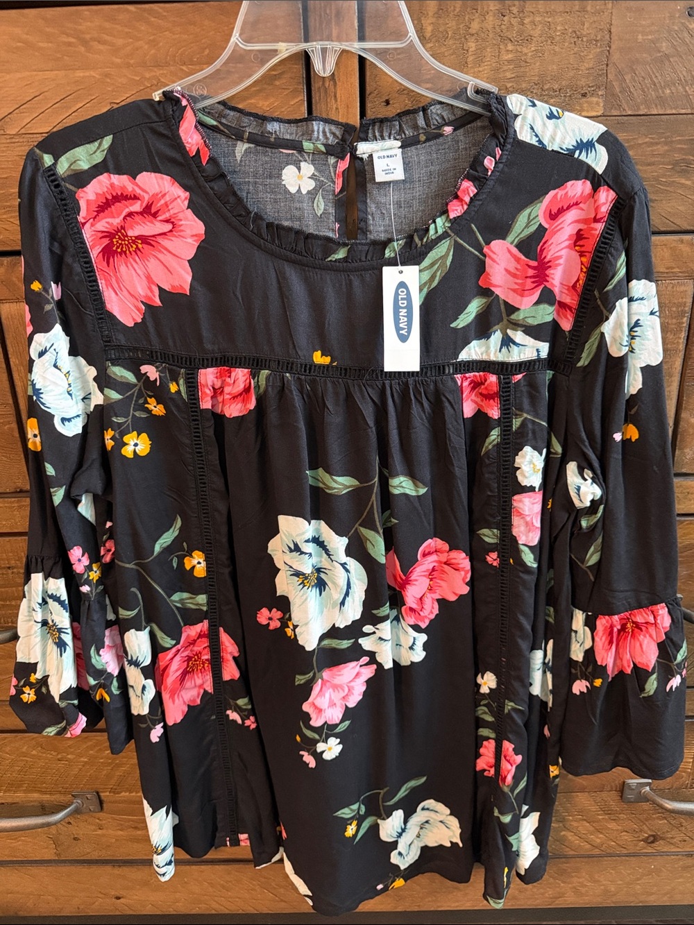 NWT 💯% Cotton Old Navy Black Floral Tunic with Pink, White & Yellow Flowers.